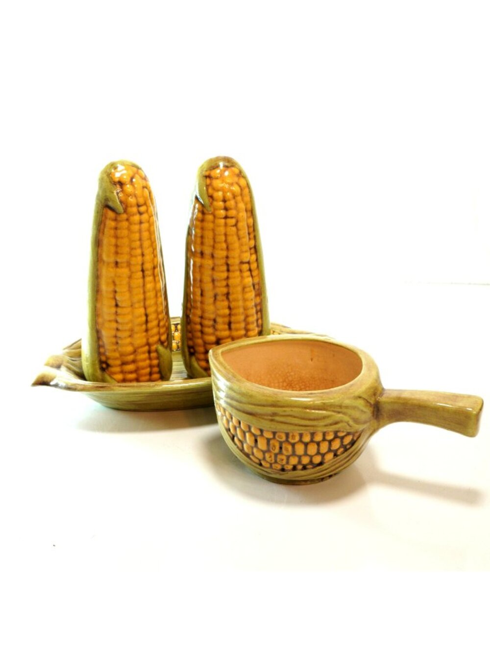 Vintage Ceramic Corn Serving Set 4 Pc Butter Warmer Pitcher Salt Pepper Shakers